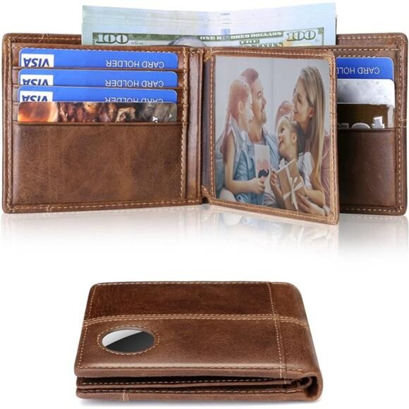 AirTag Wallet Mens RFID Blocking Genuine Bifold Leather Wallets - Picture 6 of 7